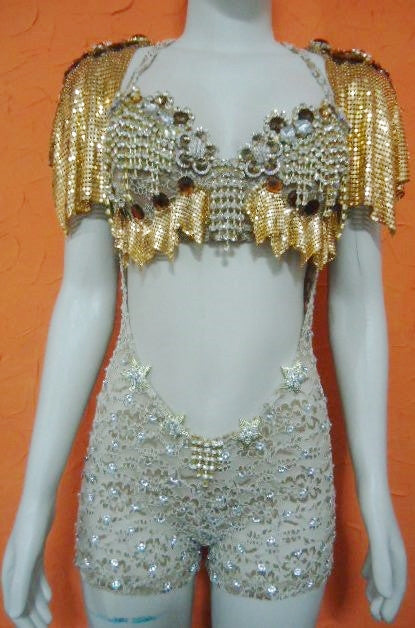 Golden One Piece Diva Mesh Lycra Lace Passista + Bonus Earrings !