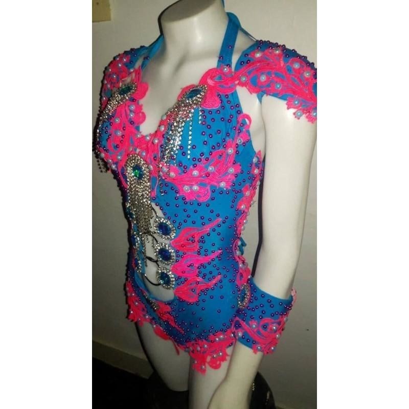 Fluorescent Electric Blue/Pink One Piece Samba Show - BrazilCarnivalShop
