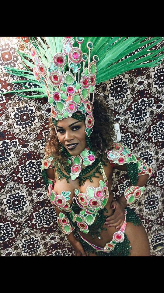 Pink and Green Bikini Samba with Headpiece - BrazilCarnivalShop