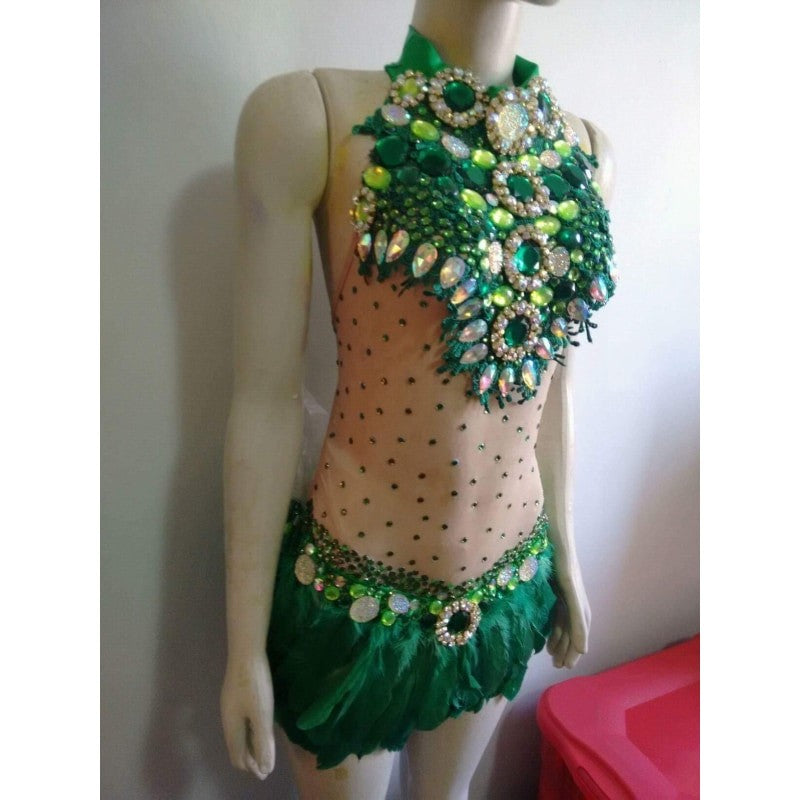 Green Paradise Feathers Parade One Piece with Headpiece - BrazilCarnivalShop